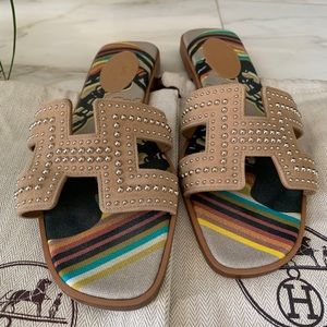 Hermes Studded Suede Brides De Gala Oran Sandals